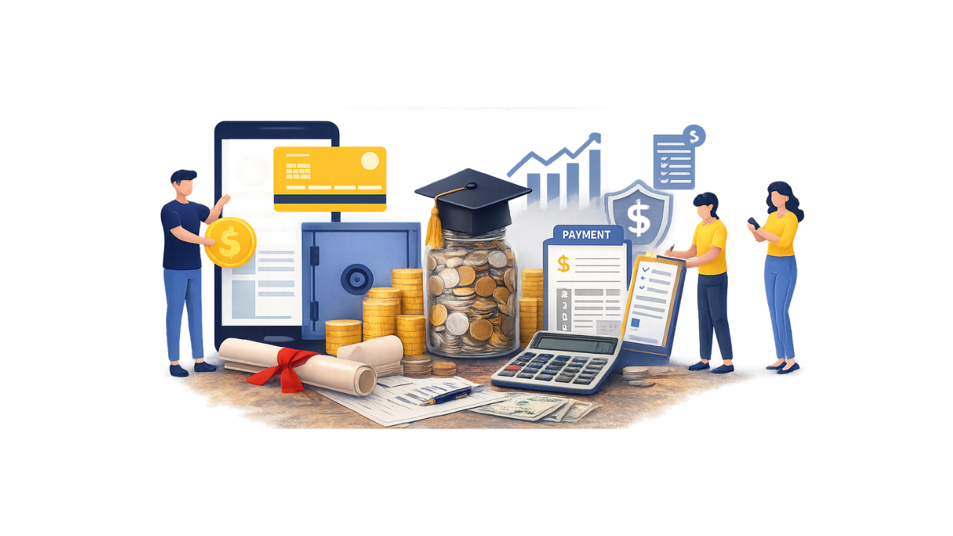 Fee policy illustration with savings, payment, and documents